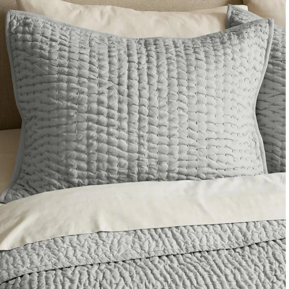 Quince European Linen Cotton Stitch Quilt Set King Cal King Mist Bedding 3pc NEW